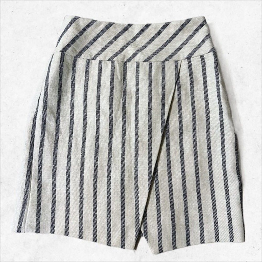 J Crew Faux Wrap Skirt sz‎ 00 Ivory Blue Striped Linen Style C4060 W12 x L17 1/4